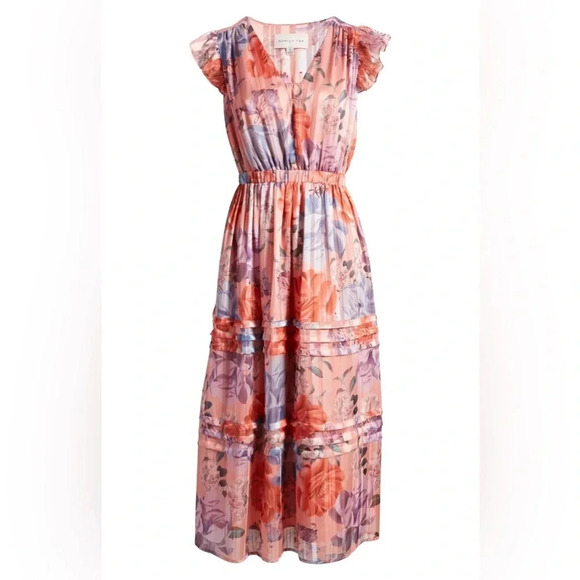 New Adelyn Rae Emmie Pleated Midi Dress in Desert Coral Size XS Metallic Flutter - Picture 3 of 15